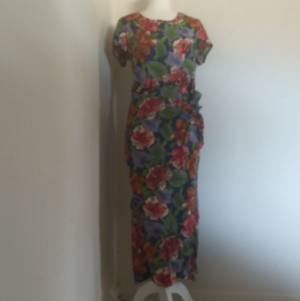 Vintage 1980s 1990s Does 1940s Tropical Print Sarong Midi Dress Rayon